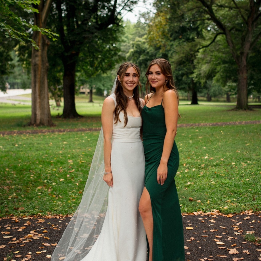 Azazie White Backless Gown & Azazie Dark Green Backless Dress